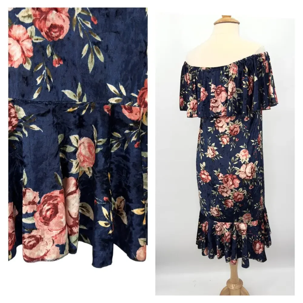 NWT LuLaRoe Cici Crushed Velvet Midi Dress XL Navy Floral Off Shoulder Ruffle